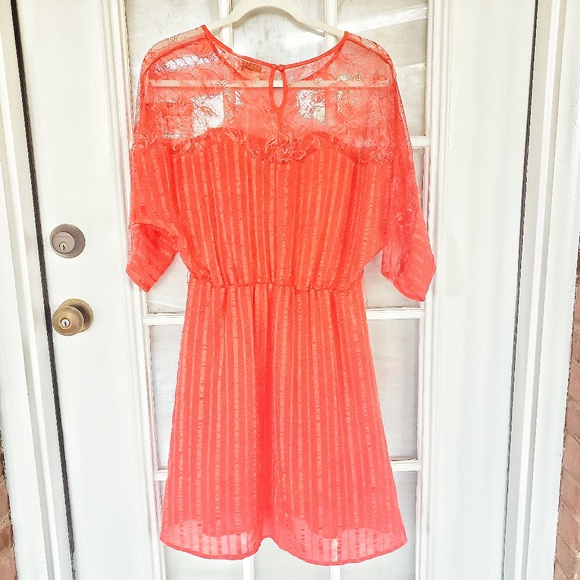 Flying Tomato Orange Textured Dress with Lace - Picture 1 of 6
